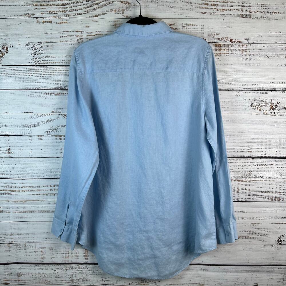 Womens Chicos No Iron 100% Linen Light Blue Button Up RollTab Sleeve Tunic Top L - Picture 2 of 6